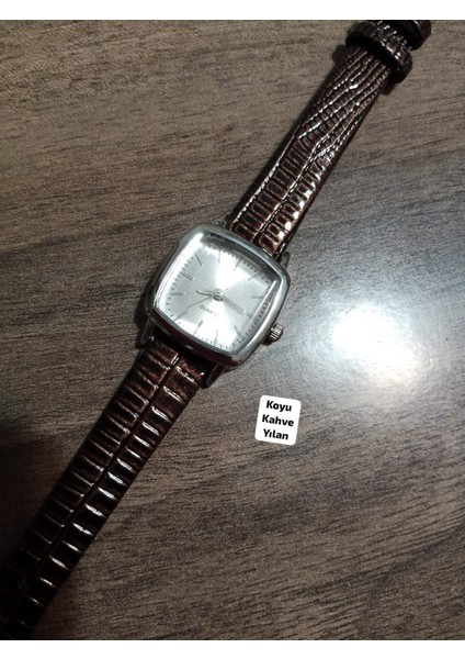 Vintage Model Kare-Oval Gümüş Kasa Retro Still - Koyu Kahve Kordon Kadın Kol Saati 0034