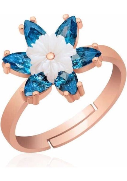 Gümüş Rose Mavi Lotus Çiçeği Yüzük