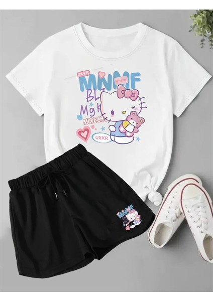 2'li Set Düz Renk Kadın Regular Şort ve Tshirt Tişört Kitty
