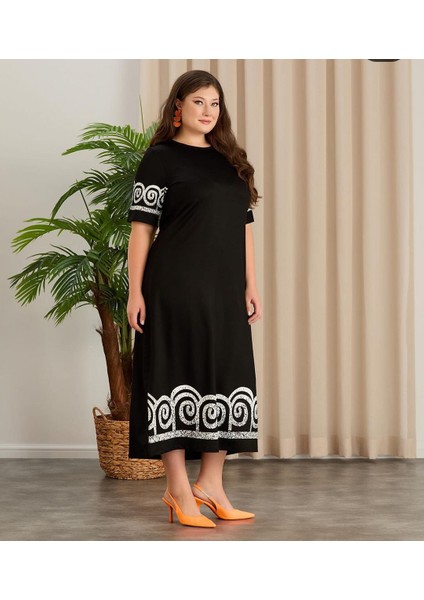 Özgü Giyim Butik Kadın Yarım Kollu Baskı Detaylı Şık Elbise