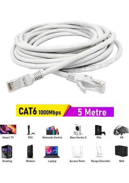 (5 Metre) Cat6 Internet Kablosu Ethernet Utp Patch High Speed Açık Gri
