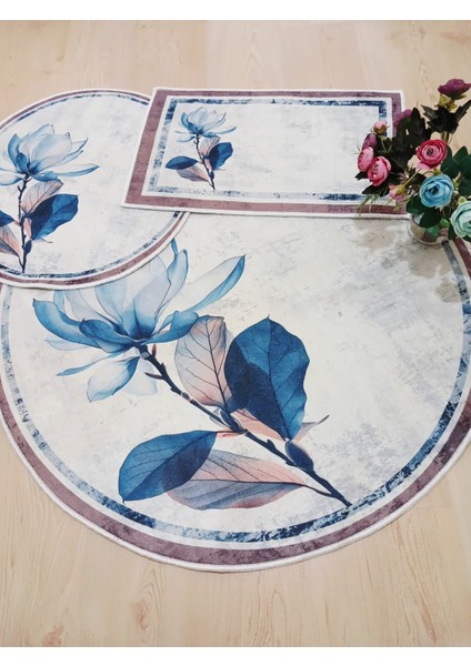 Sulu Boya - Kaymaz Taban 3'lü Yuvarlak Banyo Halısı, Banyo Paspası (100X100-60X60-40X60 CM 3'LÜ SET)