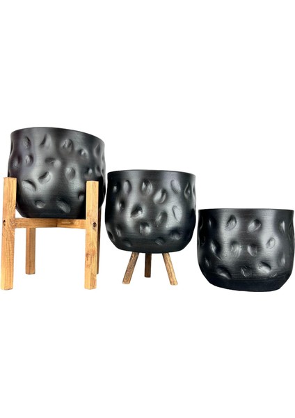 Ev Dekorasyon Aksesuar Siyah desenli Toprak Saksı Saksılık Salon Çiçeklik Üçlü Set 19 cm