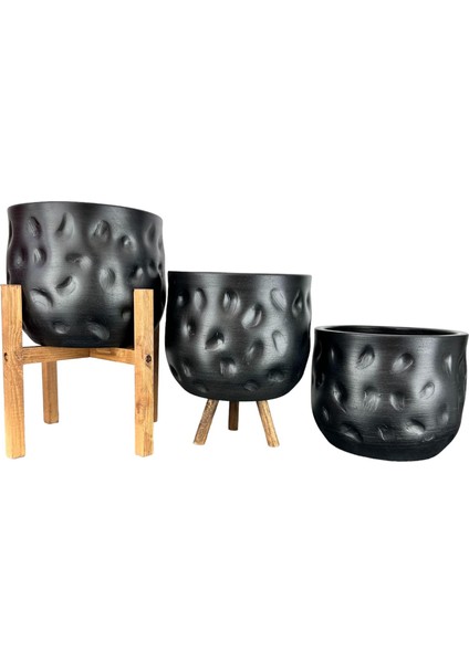 Ev Dekorasyon Aksesuar Siyah desenli Toprak Saksı Saksılık Salon Çiçeklik Üçlü Set 19 cm modelleri