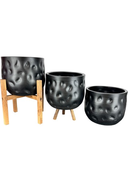Ev Dekorasyon Aksesuar Siyah desenli Toprak Saksı Saksılık Salon Çiçeklik Üçlü Set 19 cm fırsatları