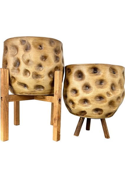 Ev Dekorasyon Aksesuar Naturel Desenli Toprak Saksı Saksılık Salon Çiçeklik Ikili set 4 Ayaklı - 3 Ayaklı 19 cm