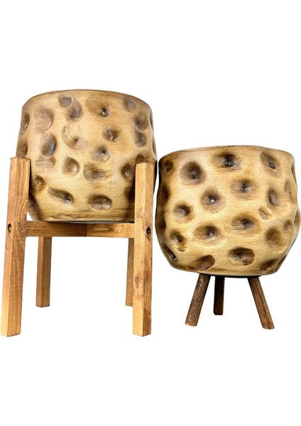 Ev Dekorasyon Aksesuar Naturel Desenli Toprak Saksı Saksılık Salon Çiçeklik Ikili set 4 Ayaklı - 3 Ayaklı 19 cm modelleri