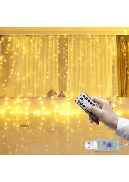 Büro Ev Ofis Bahçe Dekoru Için 3X3MT 300LED Gün Işıklı Kumandalı Tel Perde Lamba