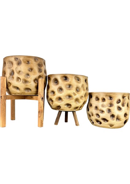 Ev Dekorasyon Aksesuar Naturel Desenli Toprak Saksı Saksılık Salon Çiçeklik Üçlü Set 19 cm