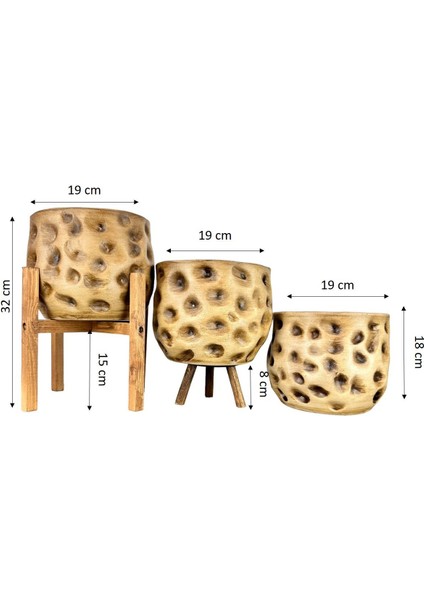 Ev Dekorasyon Aksesuar Naturel Desenli Toprak Saksı Saksılık Salon Çiçeklik Üçlü Set 19 cm fiyatları