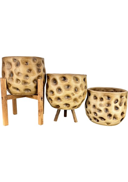 Ev Dekorasyon Aksesuar Naturel Desenli Toprak Saksı Saksılık Salon Çiçeklik Üçlü Set 19 cm modelleri