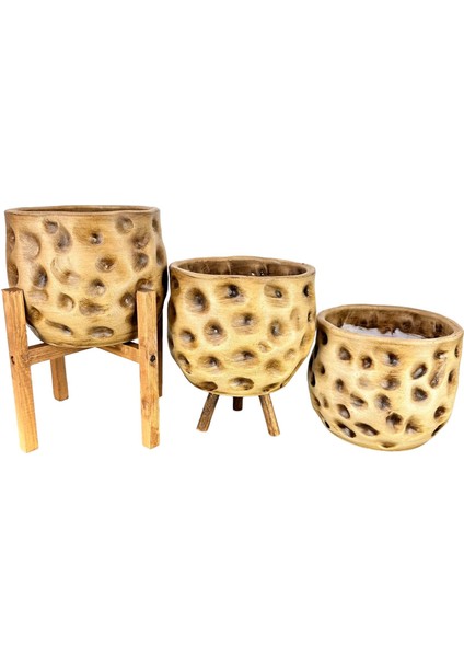 Ev Dekorasyon Aksesuar Naturel Desenli Toprak Saksı Saksılık Salon Çiçeklik Üçlü Set 19 cm fırsatları