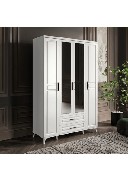 Mdf 4 Kapaklı ve Çekmeceli Aynalı Beyaz Gardırop