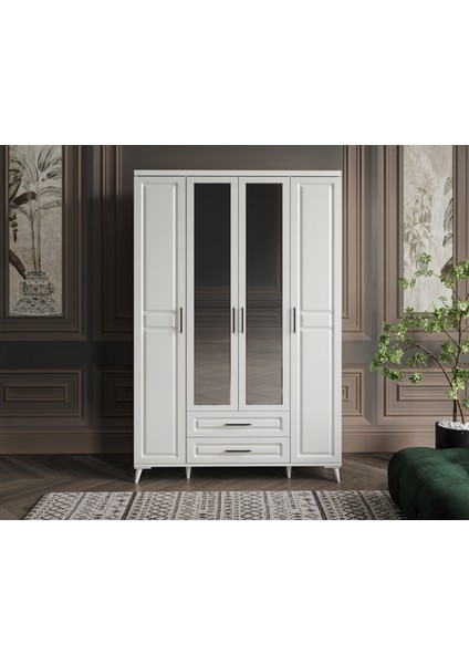Mdf 4 Kapaklı ve Çekmeceli Aynalı Beyaz Gardırop fiyatları