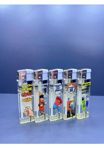 Karikatür Temalı 5 Farklı Renk ve Yazılı Doldurulabilir Gazlı 5 Adet Çakmak - Koleksiyon