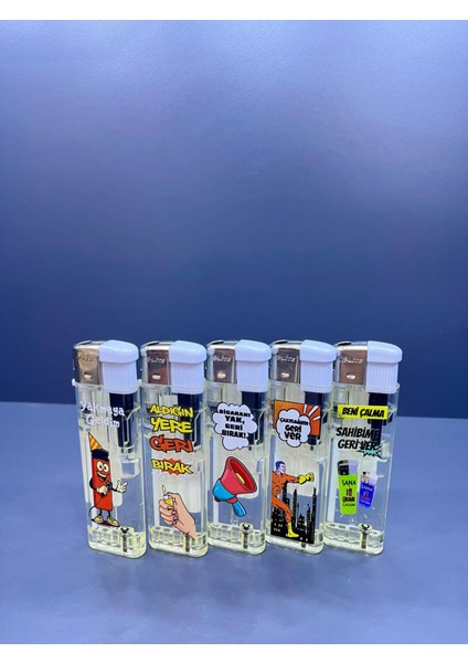 Karikatür Temalı 5 Farklı Renk ve Yazılı Doldurulabilir Gazlı 5 Adet Çakmak - Koleksiyon fiyatları