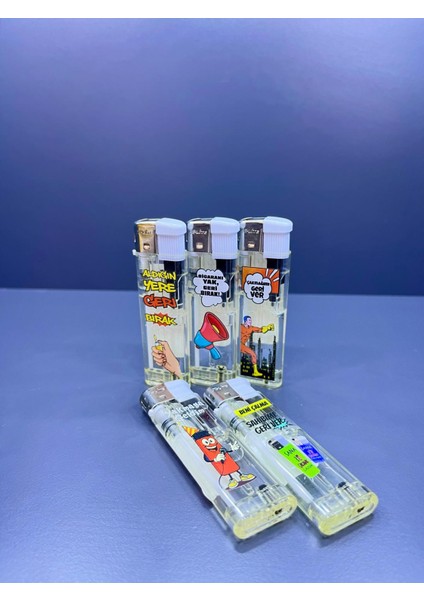 Karikatür Temalı 5 Farklı Renk ve Yazılı Doldurulabilir Gazlı 5 Adet Çakmak - Koleksiyon modelleri