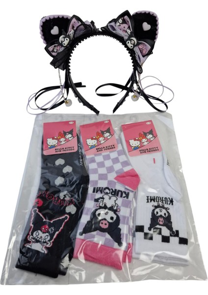 Kız Çocuk Kuromi Taç Saç Toka Püsküllü Kuromi Model 3 Renk Kuromi Çorap 4 Lü Set