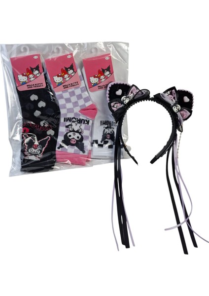 Kız Çocuk Kuromi Taç Saç Toka Püsküllü Kuromi Model 3 Renk Kuromi Çorap 4 Lü Set fiyatları