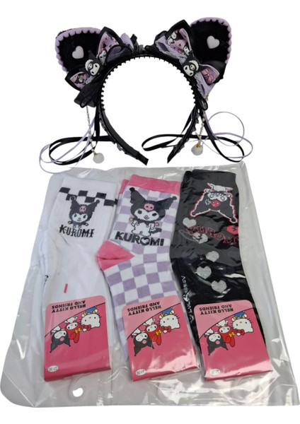 Kız Çocuk Kuromi Taç Saç Toka Püsküllü Kuromi Model 3 Renk Kuromi Çorap 4 Lü Set modelleri