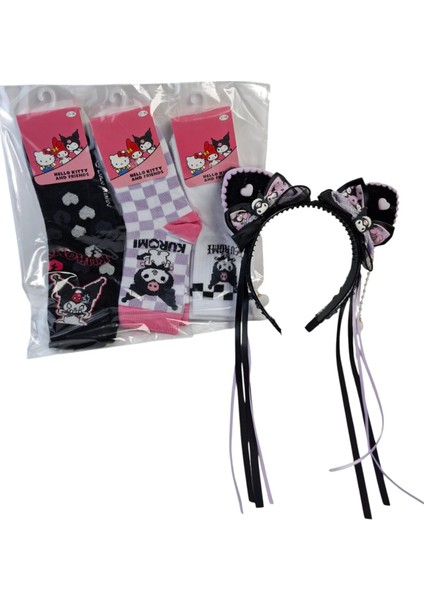 Kız Çocuk Kuromi Taç Saç Toka Püsküllü Kuromi Model 3 Renk Kuromi Çorap 4 Lü Set fırsatları