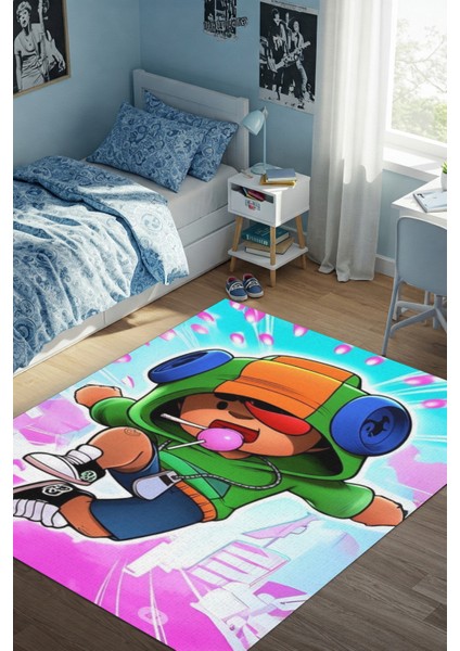 Leon Figürlü Halı Dijital Baskılı Pamuk Dokuma Kaymaz Tabanlı Yıkanabilir Antialerjik Genç Odası Halısı