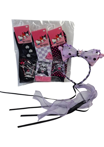 Kız Çocuk Kuromi Taç Saç Toka Fiyonk Model 3 Renk ve Model Kuromi Çorap 4 Lü Set