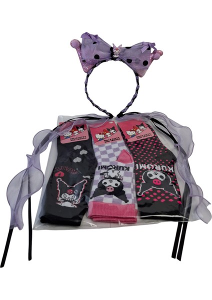 Kız Çocuk Kuromi Taç Saç Toka Fiyonk Model 3 Renk ve Model Kuromi Çorap 4 Lü Set fiyatları