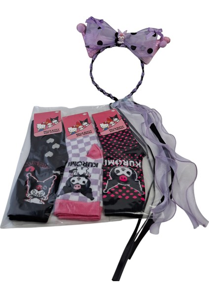 Kız Çocuk Kuromi Taç Saç Toka Fiyonk Model 3 Renk ve Model Kuromi Çorap 4 Lü Set modelleri