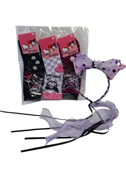 Kız Çocuk Kuromi Taç Saç Toka Fiyonk Model 3 Renk ve Model Kuromi Çorap 4 Lü Set fırsatları