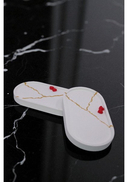Kırmızı Mini Kalpli Dekoratif Taş Tozu 2'li Oval Sunumluk Set, Takı Tabağı, Saksılık, Mumluk, Organizer (18X10CM) modelleri