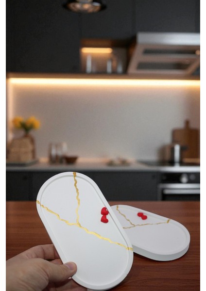 Kırmızı Mini Kalpli Dekoratif Taş Tozu 2'li Oval Sunumluk Set, Takı Tabağı, Saksılık, Mumluk, Organizer (18X10CM) fırsatları