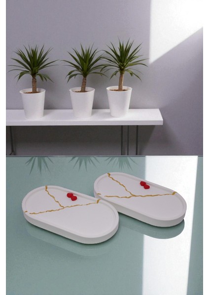 Kırmızı Mini Kalpli Dekoratif Taş Tozu 2'li Oval Sunumluk Set, Takı Tabağı, Saksılık, Mumluk, Organizer (18X10CM) indirimleri