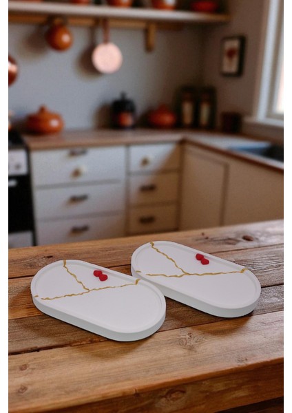 Kırmızı Mini Kalpli Dekoratif Taş Tozu 2'li Oval Sunumluk Set, Takı Tabağı, Saksılık, Mumluk, Organizer (18X10CM)