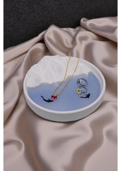 Dağ Figürü ve Balık Detaylı, Mavi Epoksi Dolgulu Takı Organizer Tabağı, Sunumluk, Mumluk, %100 Taş Tozu (18X18CM) modelleri