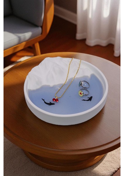 Dağ Figürü ve Balık Detaylı, Mavi Epoksi Dolgulu Takı Organizer Tabağı, Sunumluk, Mumluk, %100 Taş Tozu (18X18CM) fırsatları