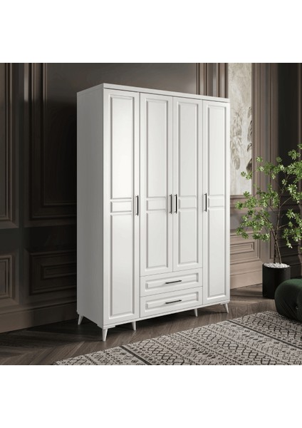 4 Kapaklı Komple Mdf Çekmeceli Beyaz Gardırop