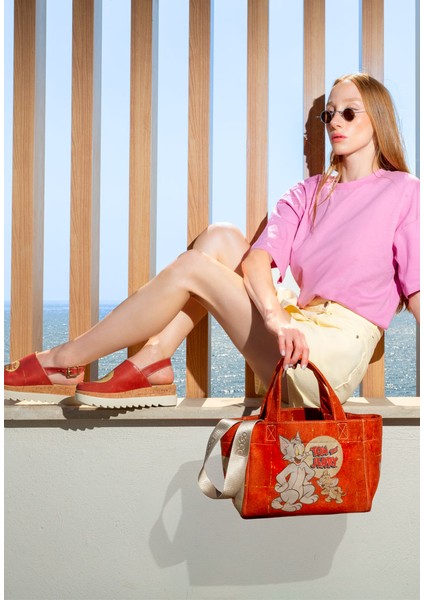 Kadın Vegan Turuncu Medium Tote Bag - Warner Bros Tom & Jerry Tasarım modelleri