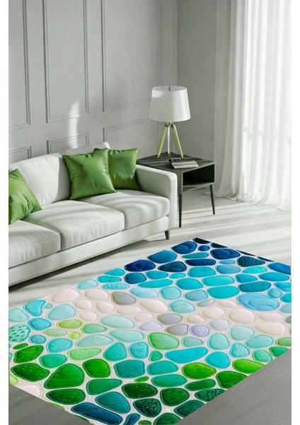 Mavi Yeşil Çakıl Taşlı Modern Halı Dijital Baskılı Dokuma Kaymaz Tabanlı Yıkanabilir Antre Halısı