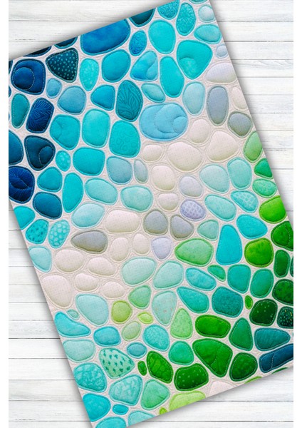 Mavi Yeşil Çakıl Taşlı Modern Halı Dijital Baskılı Dokuma Kaymaz Tabanlı Yıkanabilir Antre Halısı modelleri