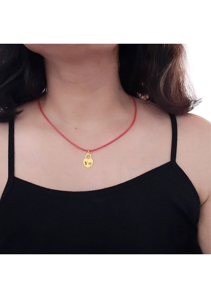 14 Ayar Plakalı Altın Y Harfine Özel Kalp Figürlü Kırmızı Bağlıklı Hediyelik KOLYE-633HARF