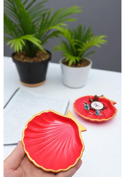 Kırmızı Gold Çizgi Detaylı 2'li Dekoratif Istiridye Takı Tabağı, Aksesuarlık, Mumluk %100 Taş Tozu 10X10CM (Vernikli) fırsatları