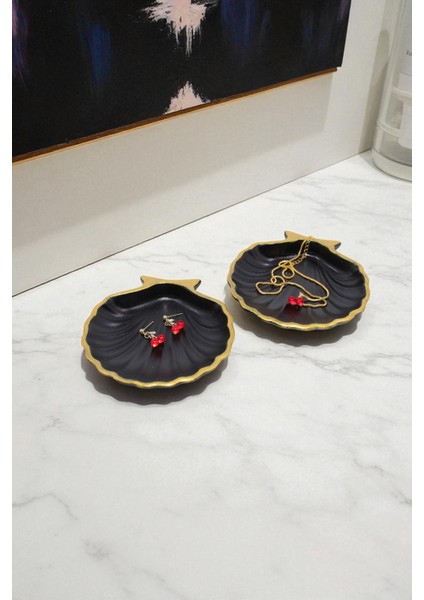 Siyah Gold Çizgi Detaylı 2'li Dekoratif Istiridye Takı Tabağı, Aksesuarlık, Mumluk %100 Taş Tozu 10X10CM (Vernikli)