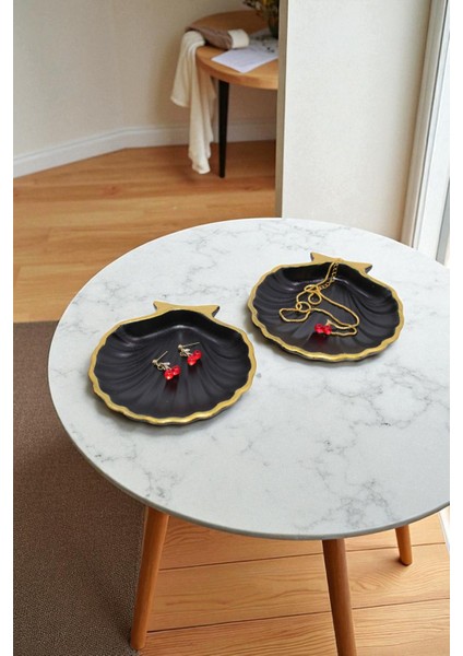 Siyah Gold Çizgi Detaylı 2'li Dekoratif Istiridye Takı Tabağı, Aksesuarlık, Mumluk %100 Taş Tozu 10X10CM (Vernikli) modelleri