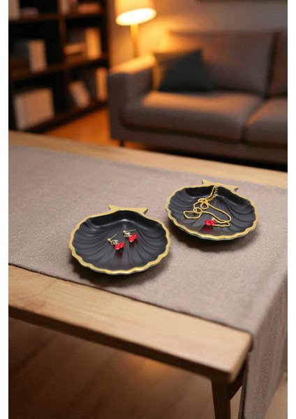 Siyah Gold Çizgi Detaylı 2'li Dekoratif Istiridye Takı Tabağı, Aksesuarlık, Mumluk %100 Taş Tozu 10X10CM (Vernikli) fırsatları