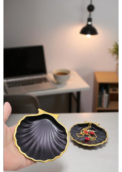 Siyah Gold Çizgi Detaylı 2'li Dekoratif Istiridye Takı Tabağı, Aksesuarlık, Mumluk %100 Taş Tozu 10X10CM (Vernikli) indirimleri