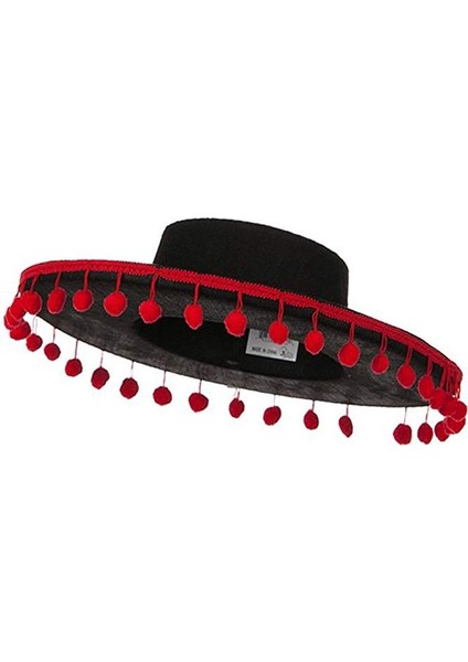 Büro Ev Ofis Etkinlik Gösteri Ispanyol Çocuk Kostümü Şapkası Için Kırmızı Ponponlu Siyah Şapka