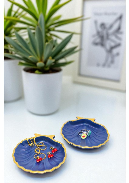 Lacivert Gold Çizgi Detaylı 2'li Dekoratif Istiridye Takı Tabağı, Aksesuarlık, Mumluk %100 Taş Tozu 10X10CM (Vernikli)