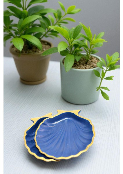 Lacivert Gold Çizgi Detaylı 2'li Dekoratif Istiridye Takı Tabağı, Aksesuarlık, Mumluk %100 Taş Tozu 10X10CM (Vernikli) fiyatları