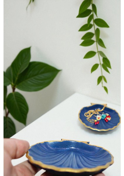 Lacivert Gold Çizgi Detaylı 2'li Dekoratif Istiridye Takı Tabağı, Aksesuarlık, Mumluk %100 Taş Tozu 10X10CM (Vernikli) modelleri